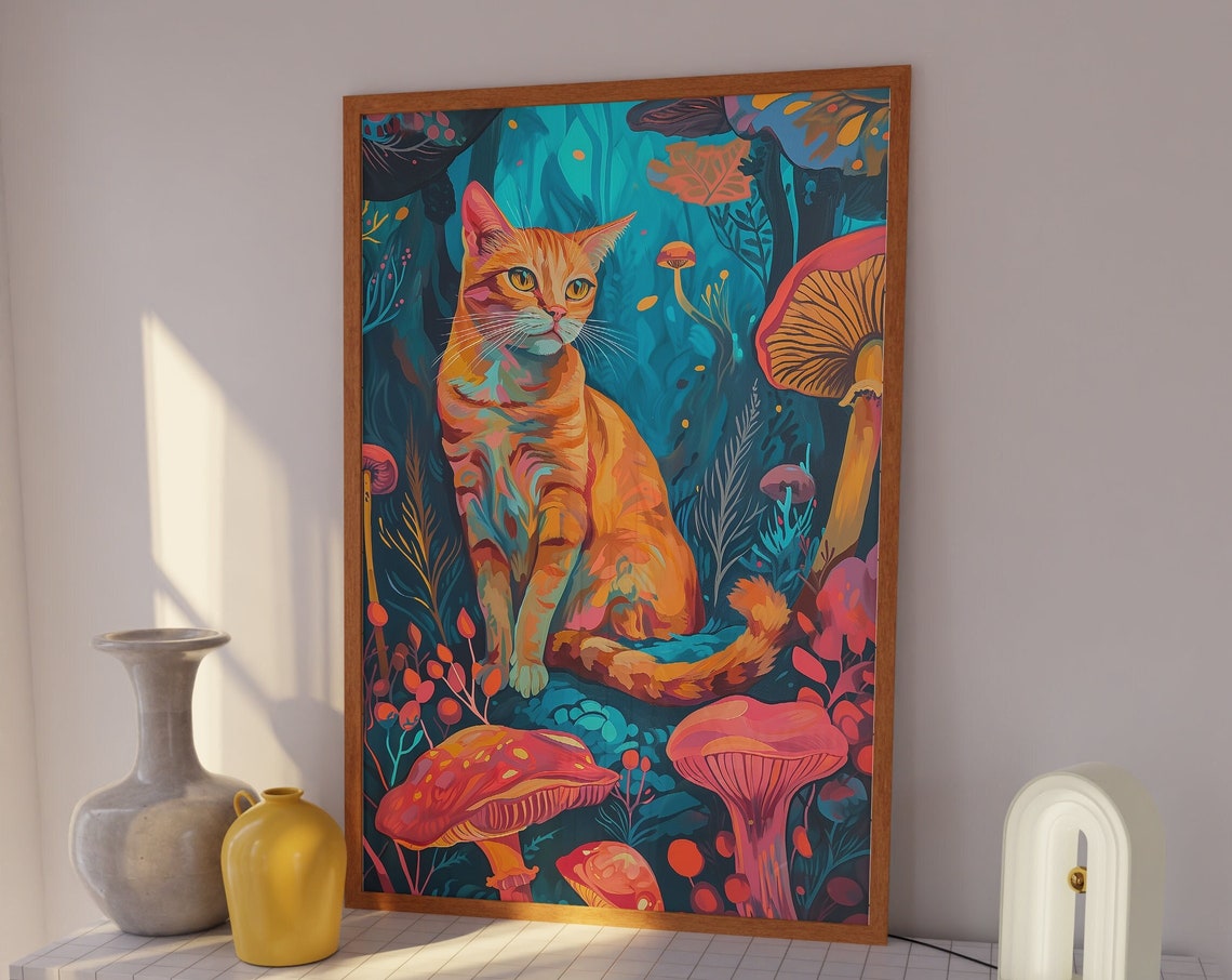 Orange Tabby Cat in Mushroom Forest Psychedelic Artwork Poster