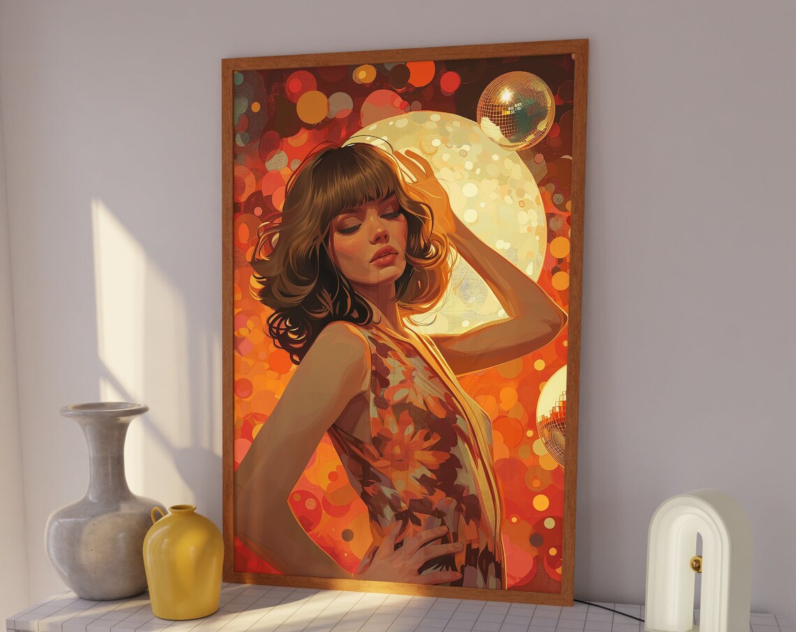 Disco Dancing Woman in Floral Dress Retro Nightlife Art Poster
