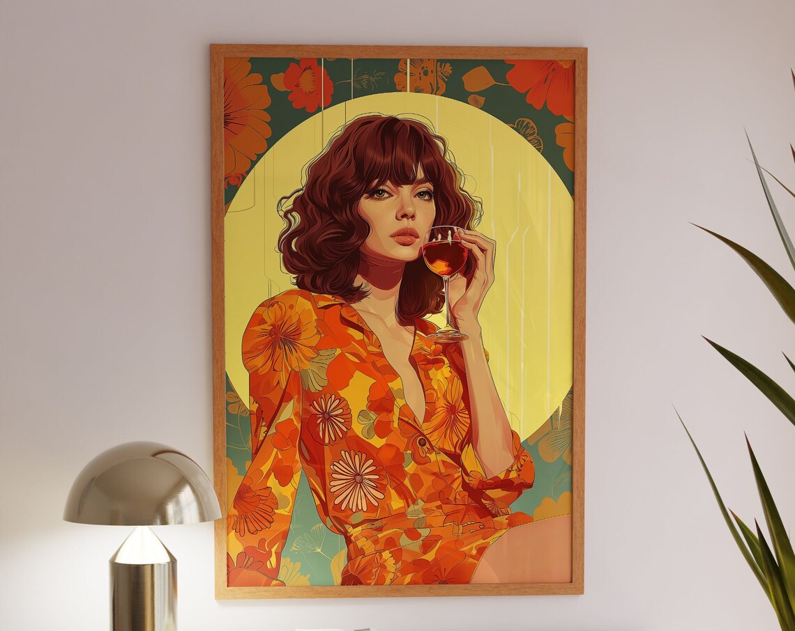 Retro Woman Sipping Wine Against Yellow Sun Circle Portrait Poster