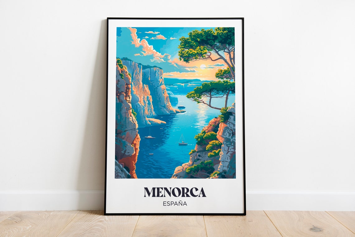 Menorca Espana Balearic Coastal Cliffs Sailboat Cove Travel Poster