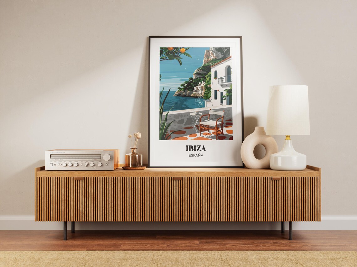 Ibiza Spain Seaside Terrace White Villa Ocean View Retro Travel Poster - Image 3