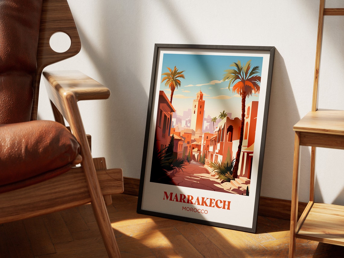 Marrakech Morocco Pink Street Minaret Palm Trees Travel Poster - Image 4