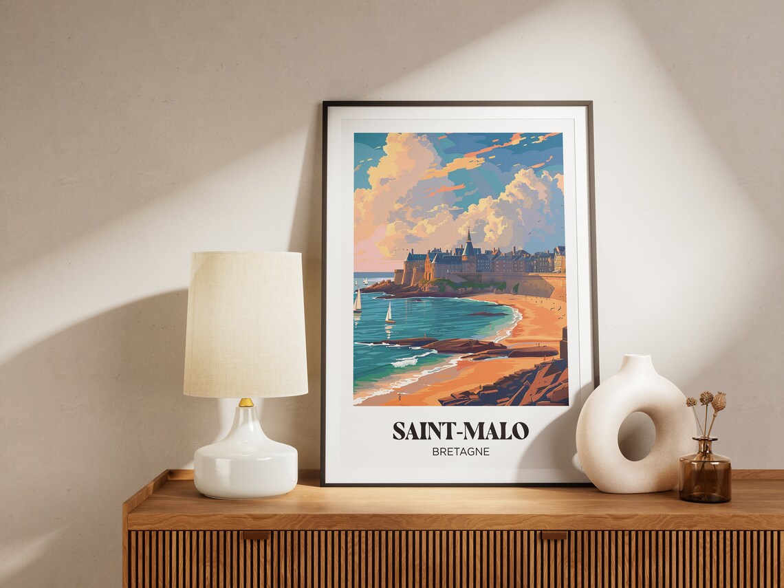 Saint-Malo Bretagne Walled City Beach Sailboats Travel Poster - Image 4