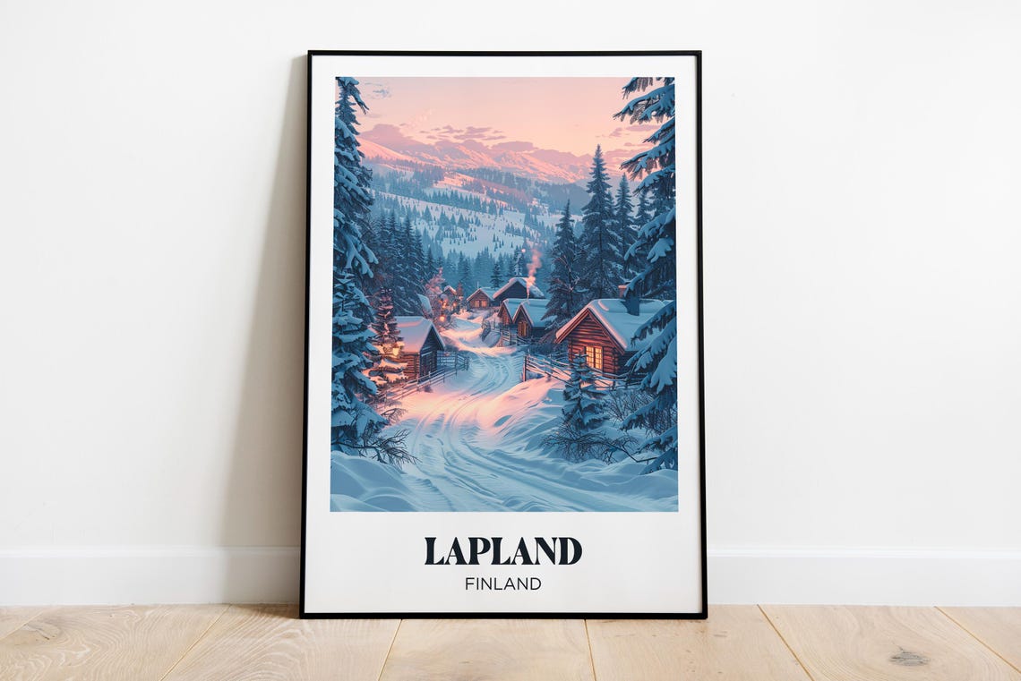 Lapland Finland Snowy Village Cabins Winter Dusk Retro Travel Poster