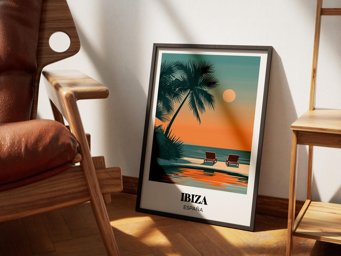 Ibiza Spain Sunset Pool Palm Silhouette Loungers Retro Travel Poster - Image 4
