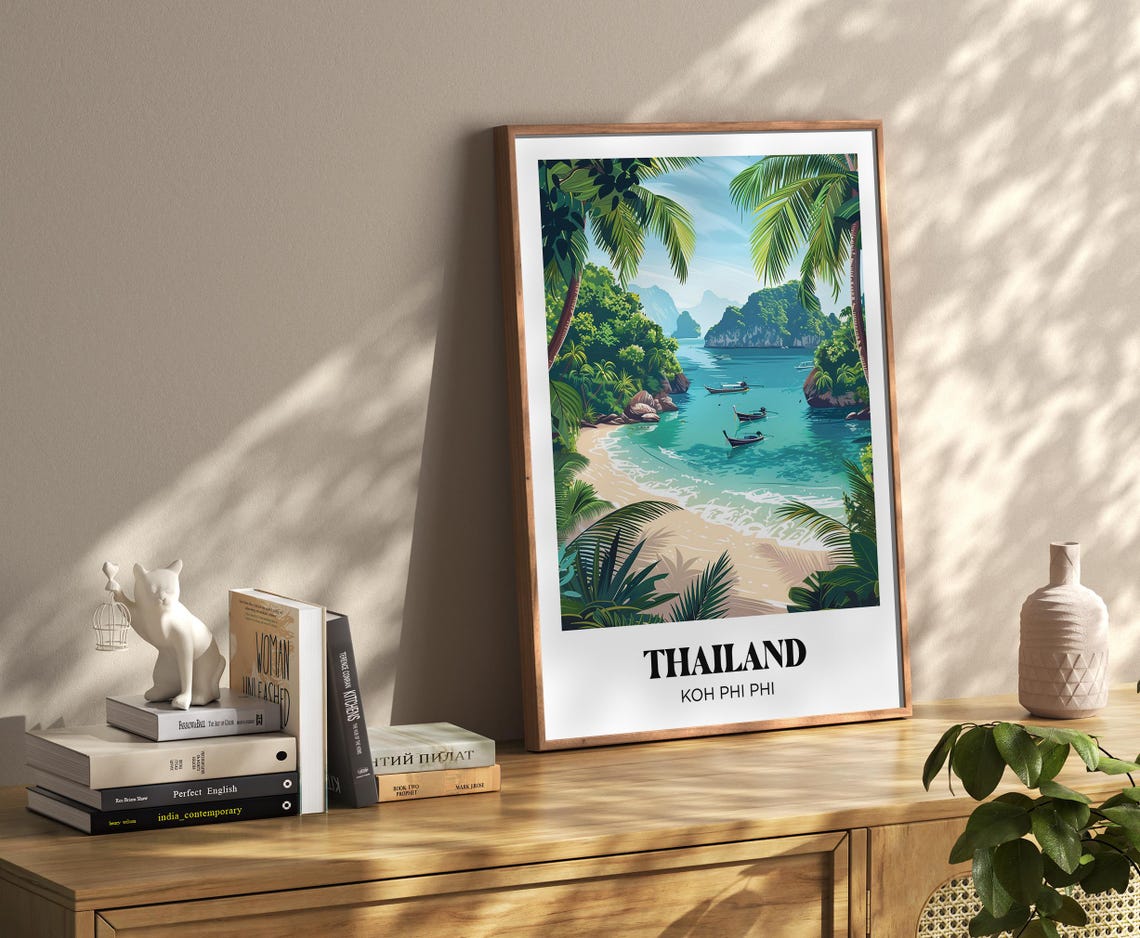Thailand Koh Phi Phi Tropical Bay Longtail Boats Retro Travel Poster - Image 3