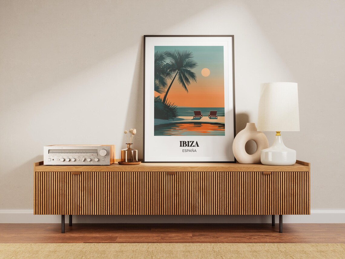 Ibiza Spain Sunset Pool Palm Silhouette Loungers Retro Travel Poster - Image 3
