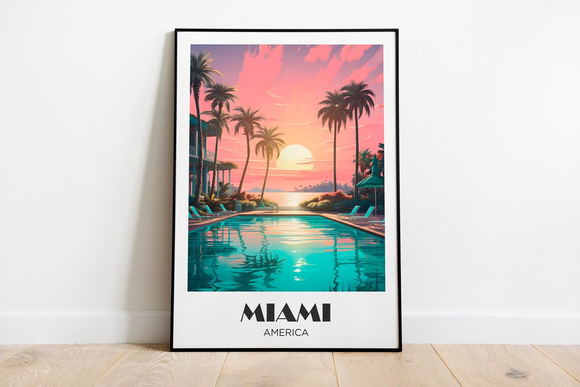 Miami Florida 80s Neon Sunset Pool Palm Retro Art Deco Travel Poster