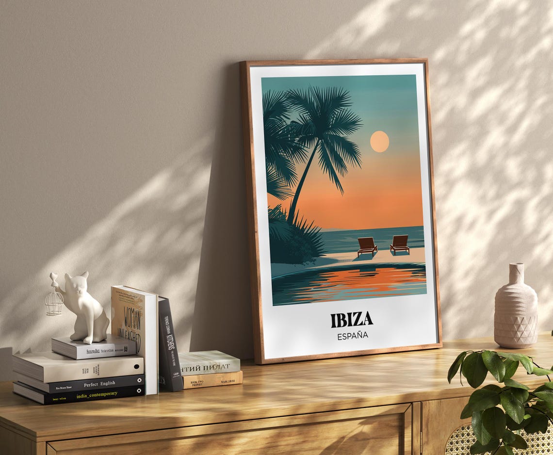 Ibiza Spain Sunset Pool Palm Silhouette Loungers Retro Travel Poster - Image 2