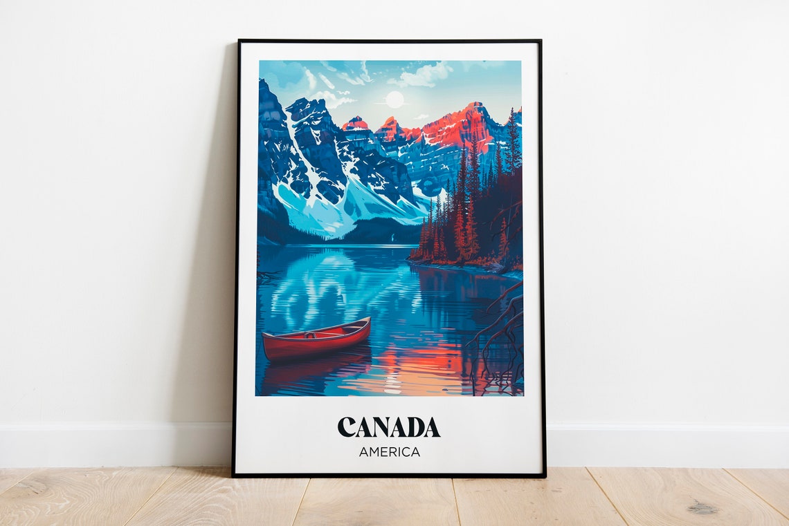 Canada Vintage Alpine Lake Red Canoe Snowy Peaks Travel Poster