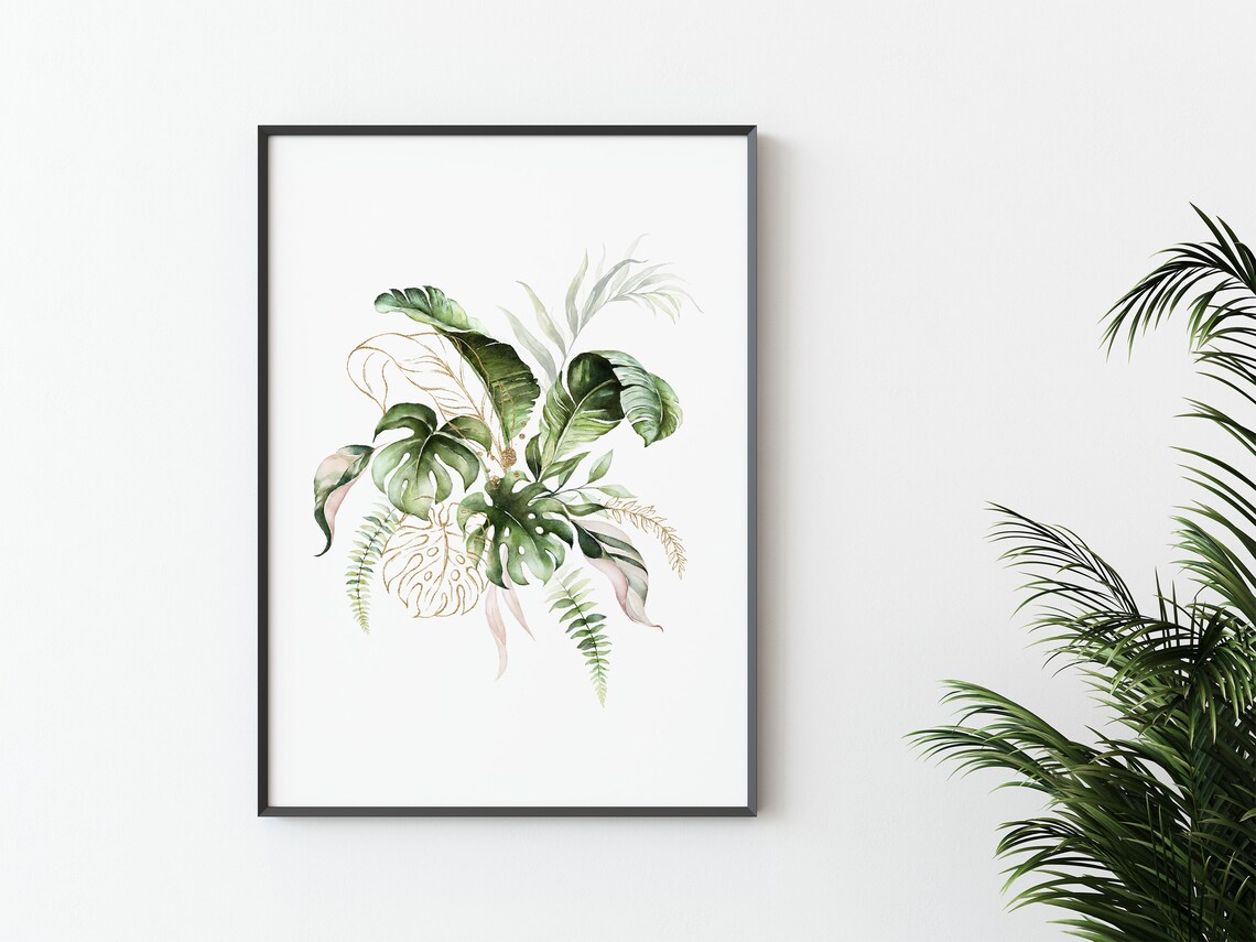 Watercolor Tropical Leaves Monstera Fern Minimalist Botanical Poster