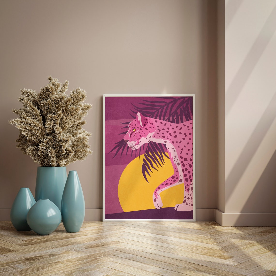 Bold Pink Leopard Sunset Jungle Preppy Trendy Animal Wall Art - Image 2