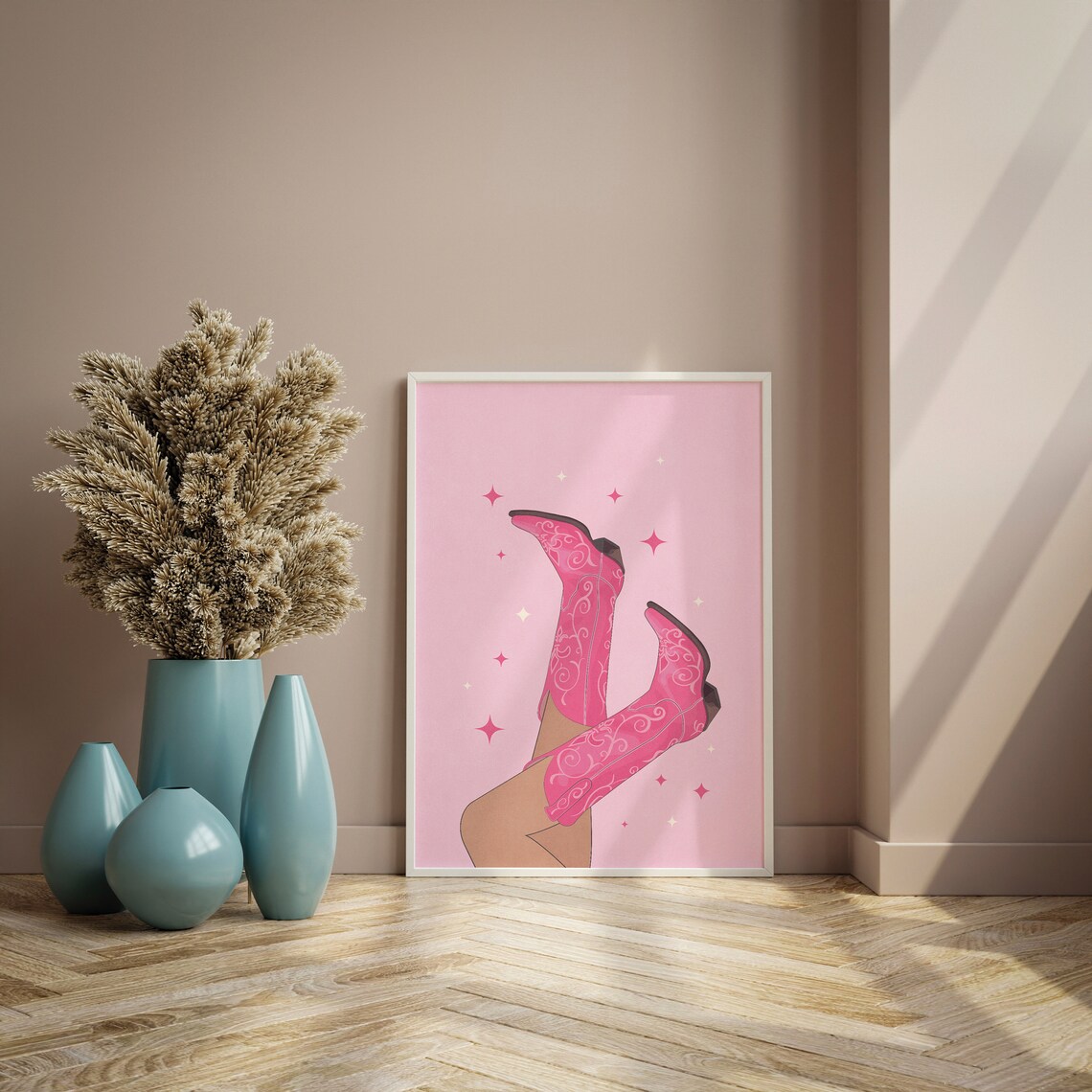 Pink Cowgirl Boots Kicked Up With Sparkles Western Decor Poster - Image 2