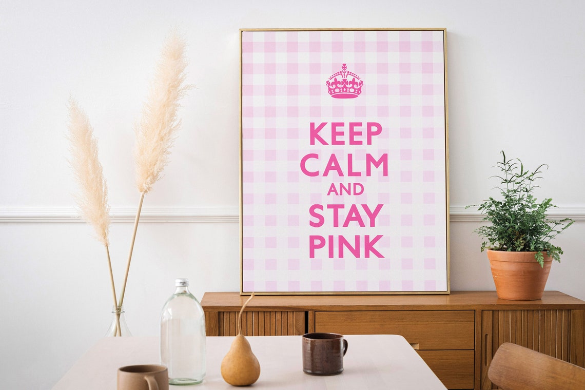 Keep Calm and Stay Pink Gingham Check Quote Poster With Crown - Image 3