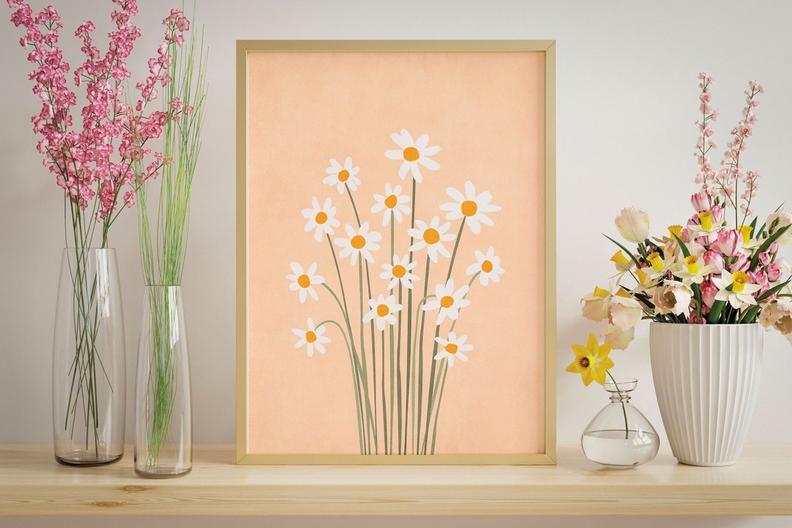 Minimalist White Daisy Bouquet on a Warm Beige Botanical Print - Image 3