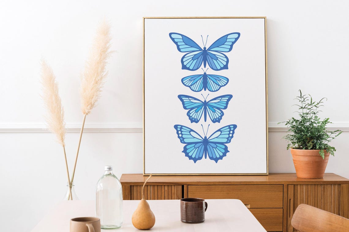 Four Blue Butterflies Serene Insect Botanical Illustration Wall Art - Image 2