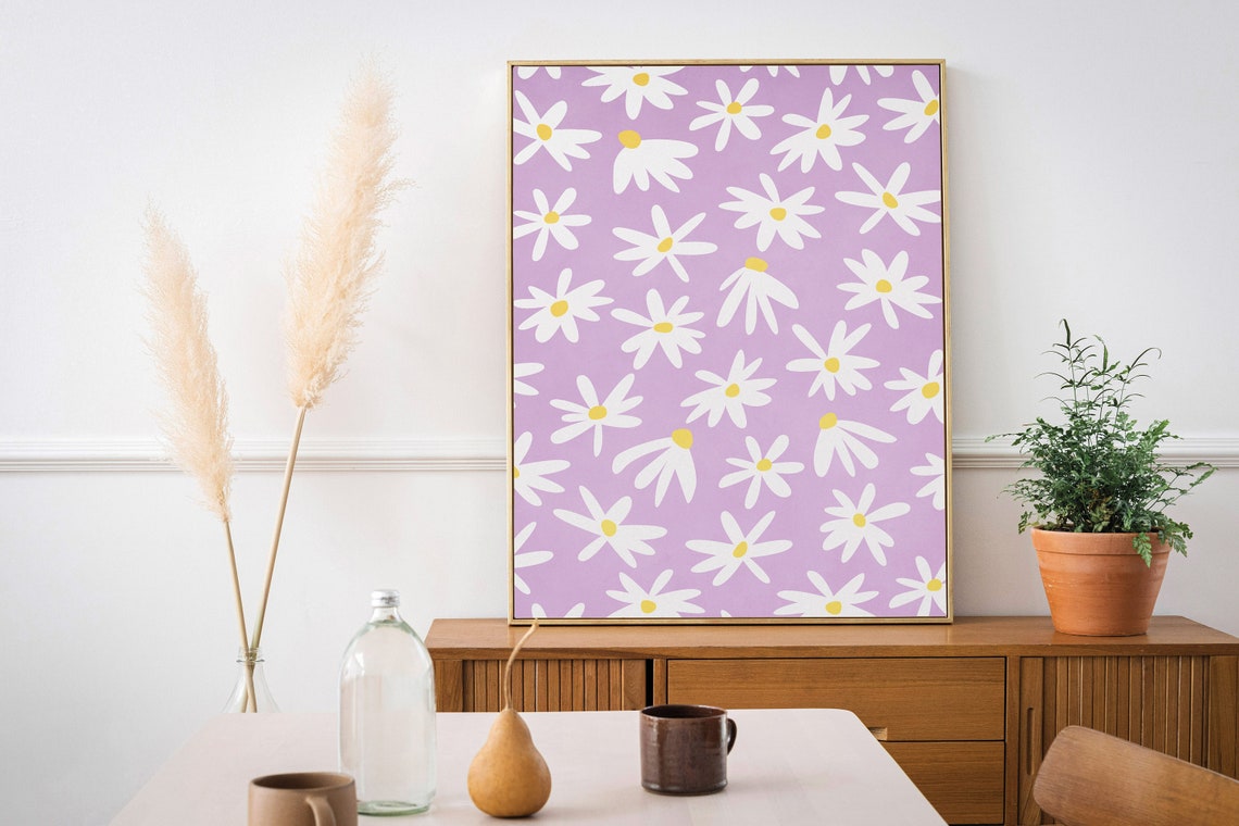 Cheerful White Daisy Flower Pattern on Lilac Retro Floral Wall Art - Image 2