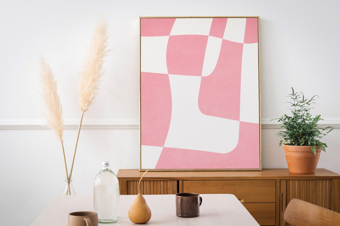 Pink White Wavy Checkerboard Modern Minimalist Abstract Print