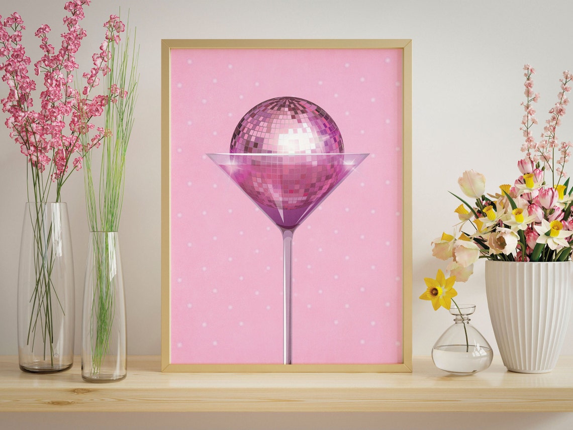 Pink Disco Ball Martini Glass Cocktail Bar Cart Decor Art Poster
