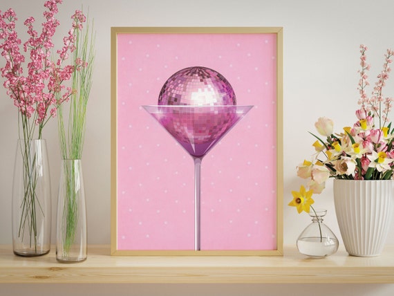 Bar Cart Art Print Funky Wall Decor Funny Wall Art Disco Cocktail Print Martini Poster Pink Wall Print Disco Ball Decor Martini Poster