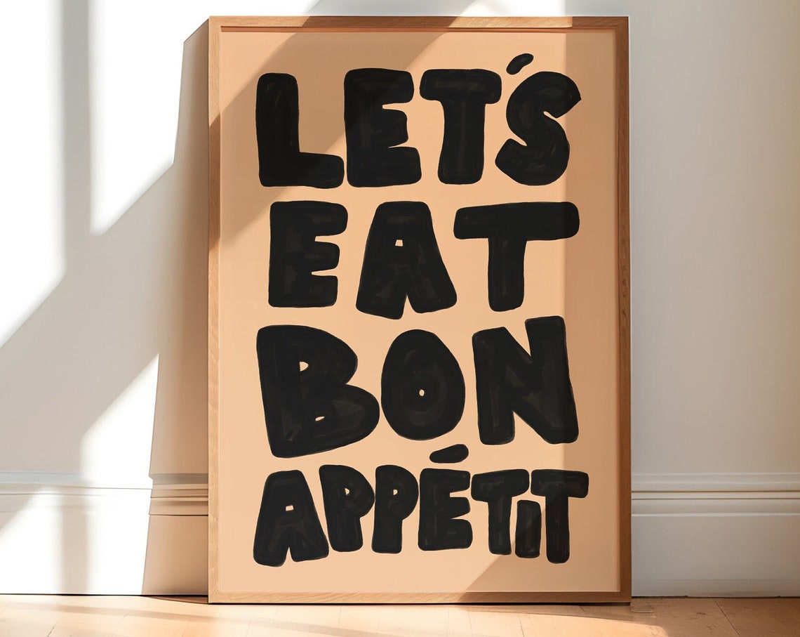 Let's Eat Bon Appetit Black Typography Poster Peach Kitchen Art