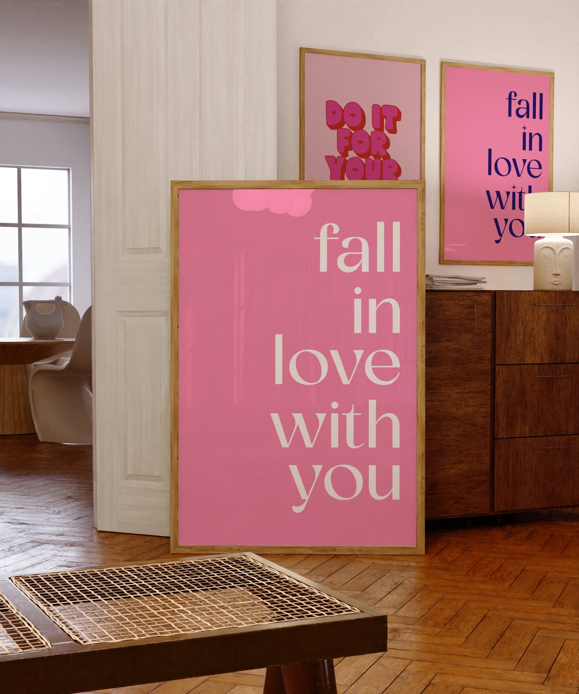 Fall In Love With You Cream Serif On Bold Pink Typography Poster
