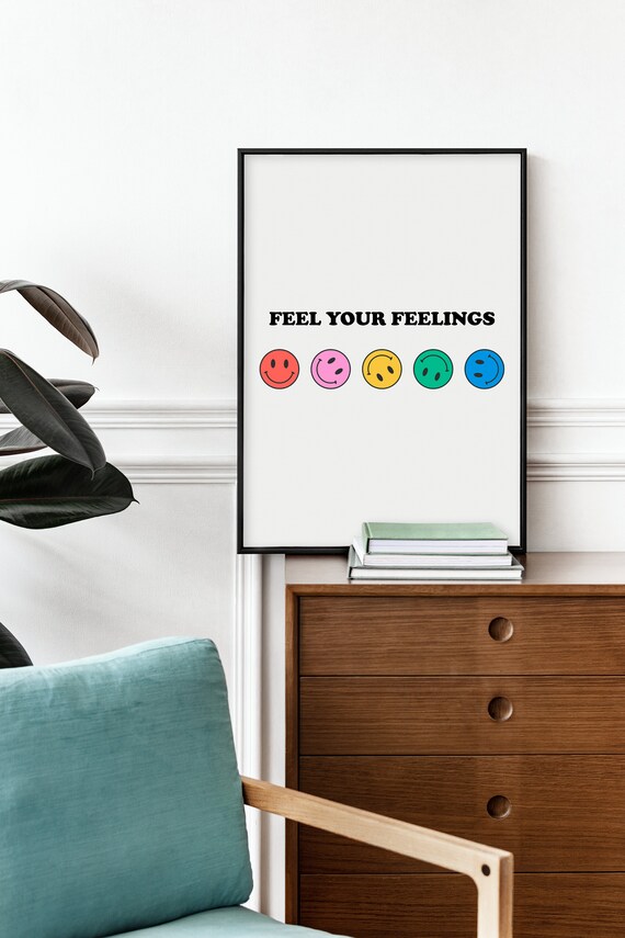 Feel Your Feelings Colorful Retro Smiley Faces Motivation Quote Poster