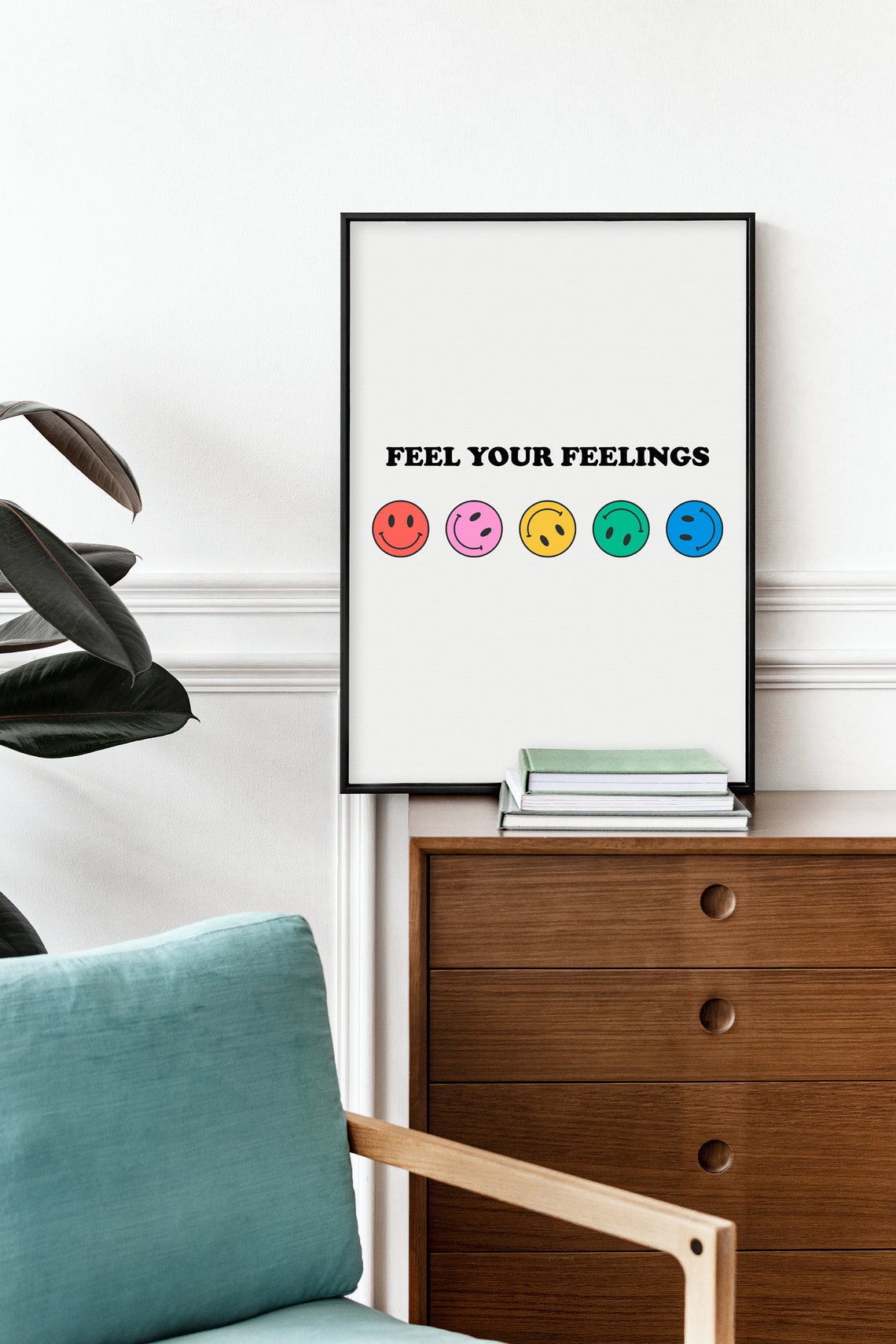 Feel Your Feelings Colorful Retro Smiley Faces Motivation Quote Poster