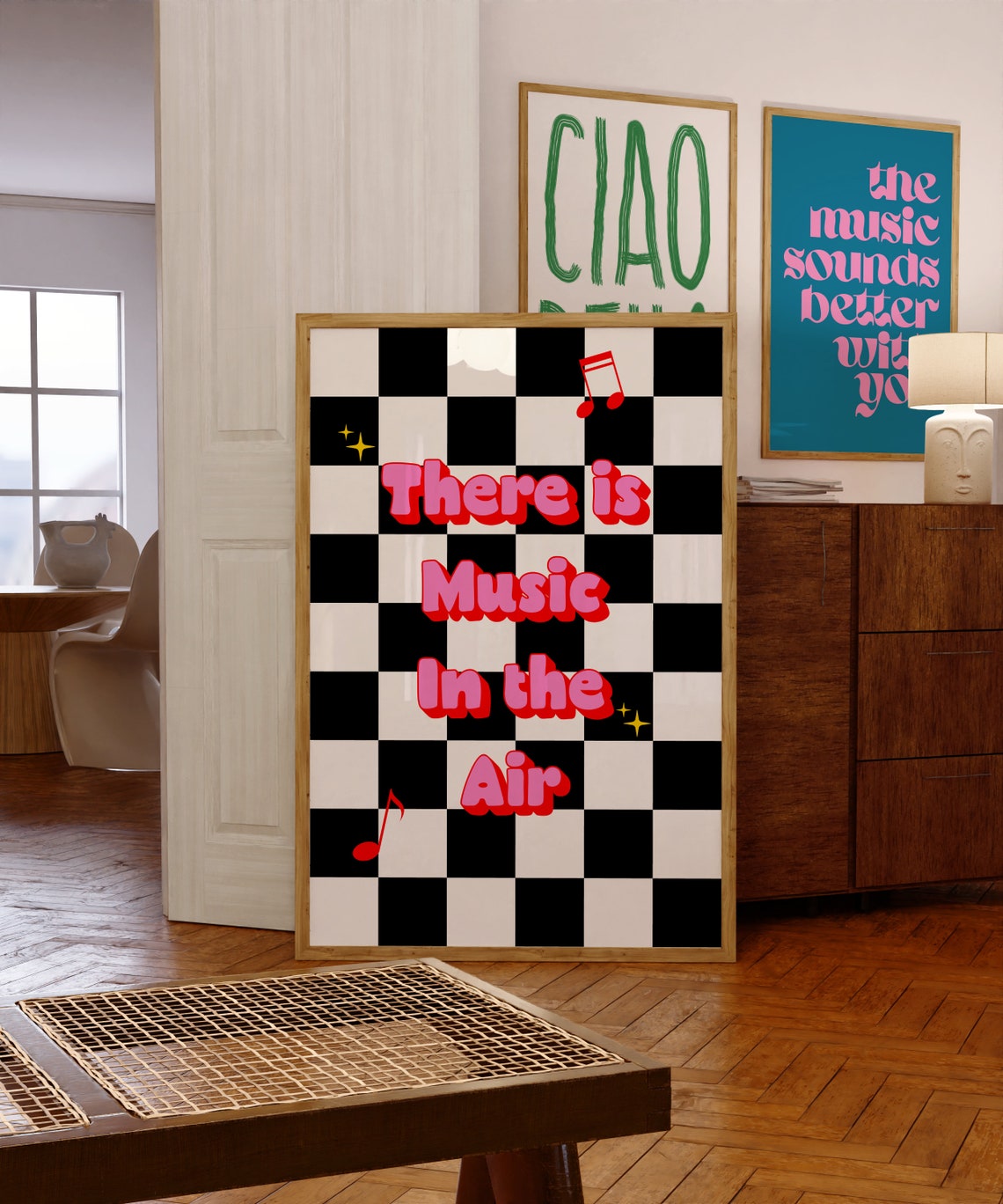 There is Music in the Air Retro Black and White Checkerboard Poster