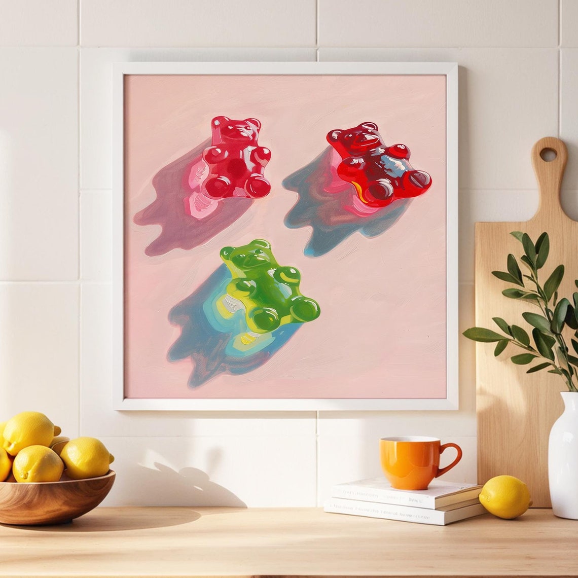 Pink 3D Gummy Bear Trio Candy Pop Art on Blush Background Wall Art