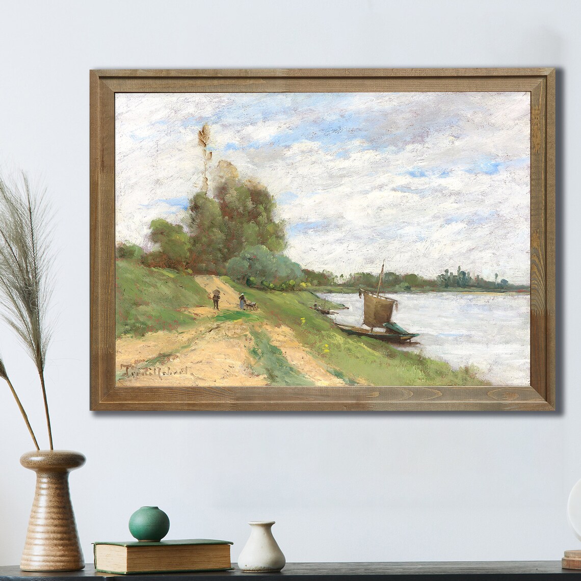 Vintage Oil Painting River Towpath Walkers Moored Sailboat Art Poster - Image 3