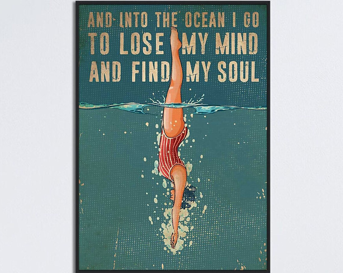 Swimming Girl Vintage Ocean Quote Wall Art Print