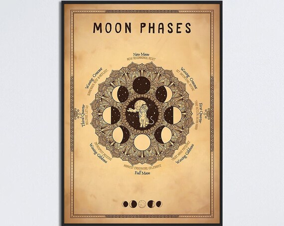 Moon Phases Vintage Spiritual Mandala Tiger Lunar Meaning Chart Poster