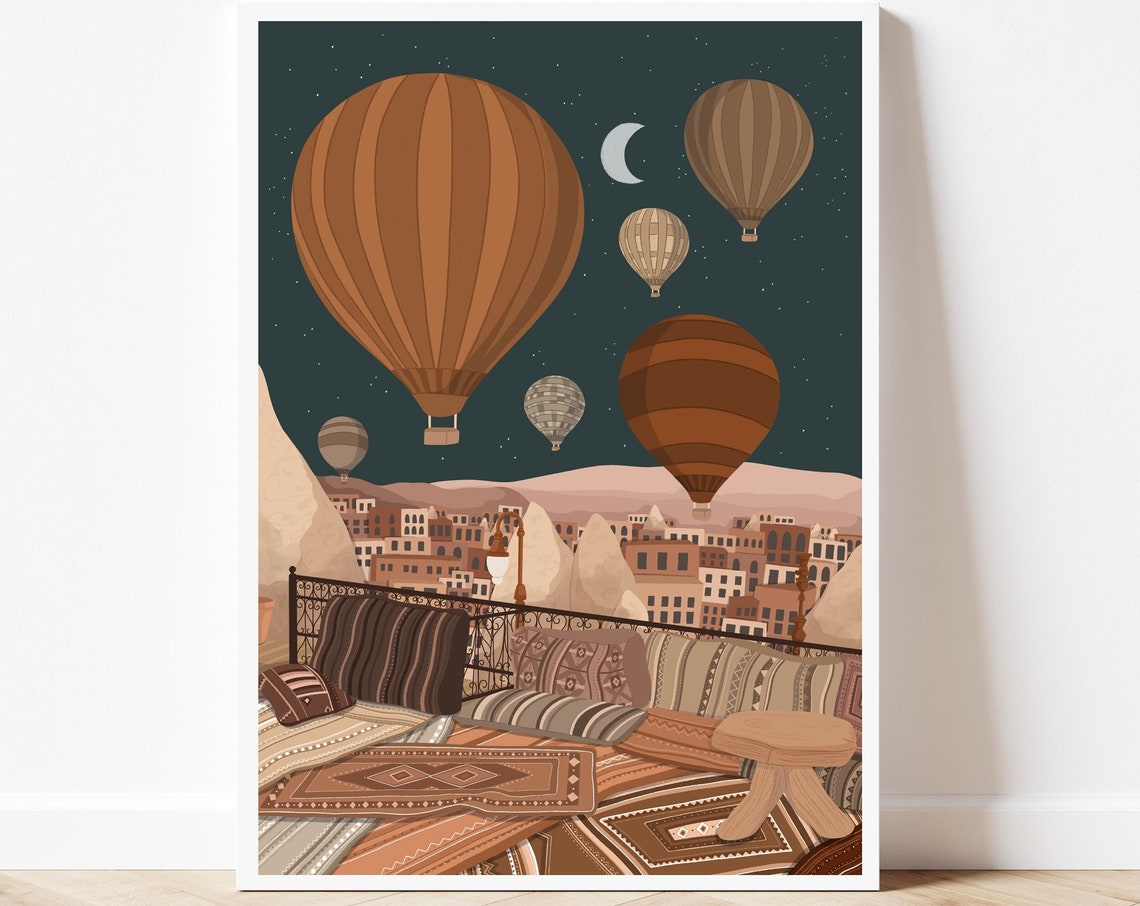 Cappadocia Turkey Hot Air Balloons Night Sky Rooftop Art Print