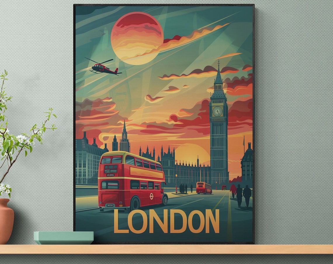 London Big Ben Red Double Decker Bus Retro Sunset Travel Poster