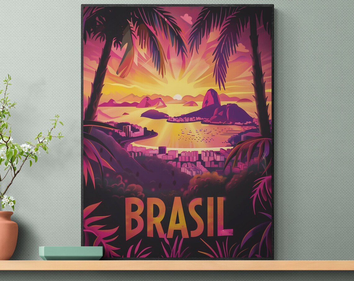 Brasil Rio de Janeiro Sugarloaf Mountain Sunset Travel Poster