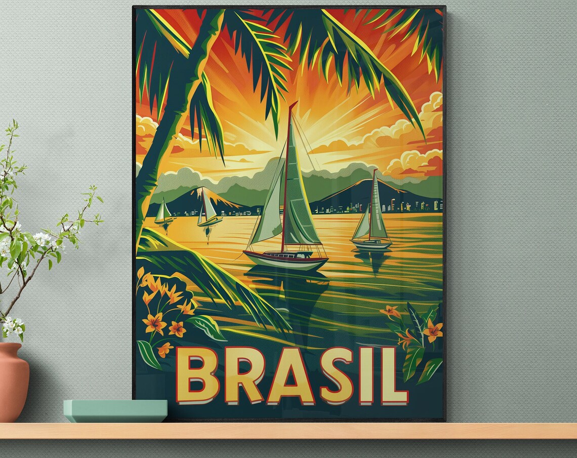 Brasil Tropical Sunset Sailboats and Palm Trees Vintage Travel Poster