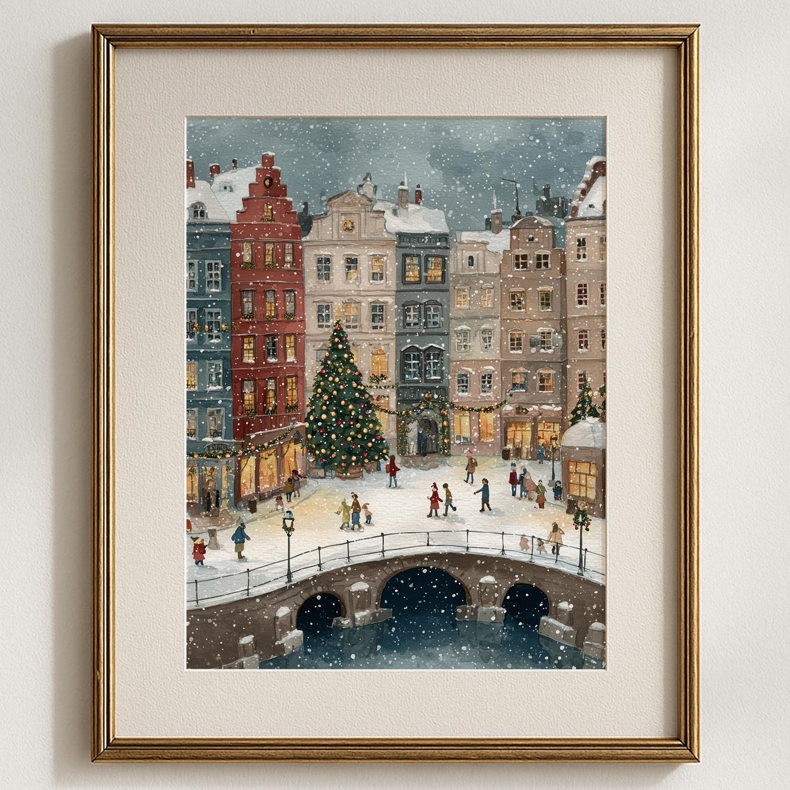 European Christmas Village Wall Art Print Vintage Winter Town Scene Snowy Holiday Street Painting Classic Festive Cozy Decor