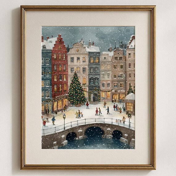 European Christmas Village Poster Snowy Old Town Square Winter Art