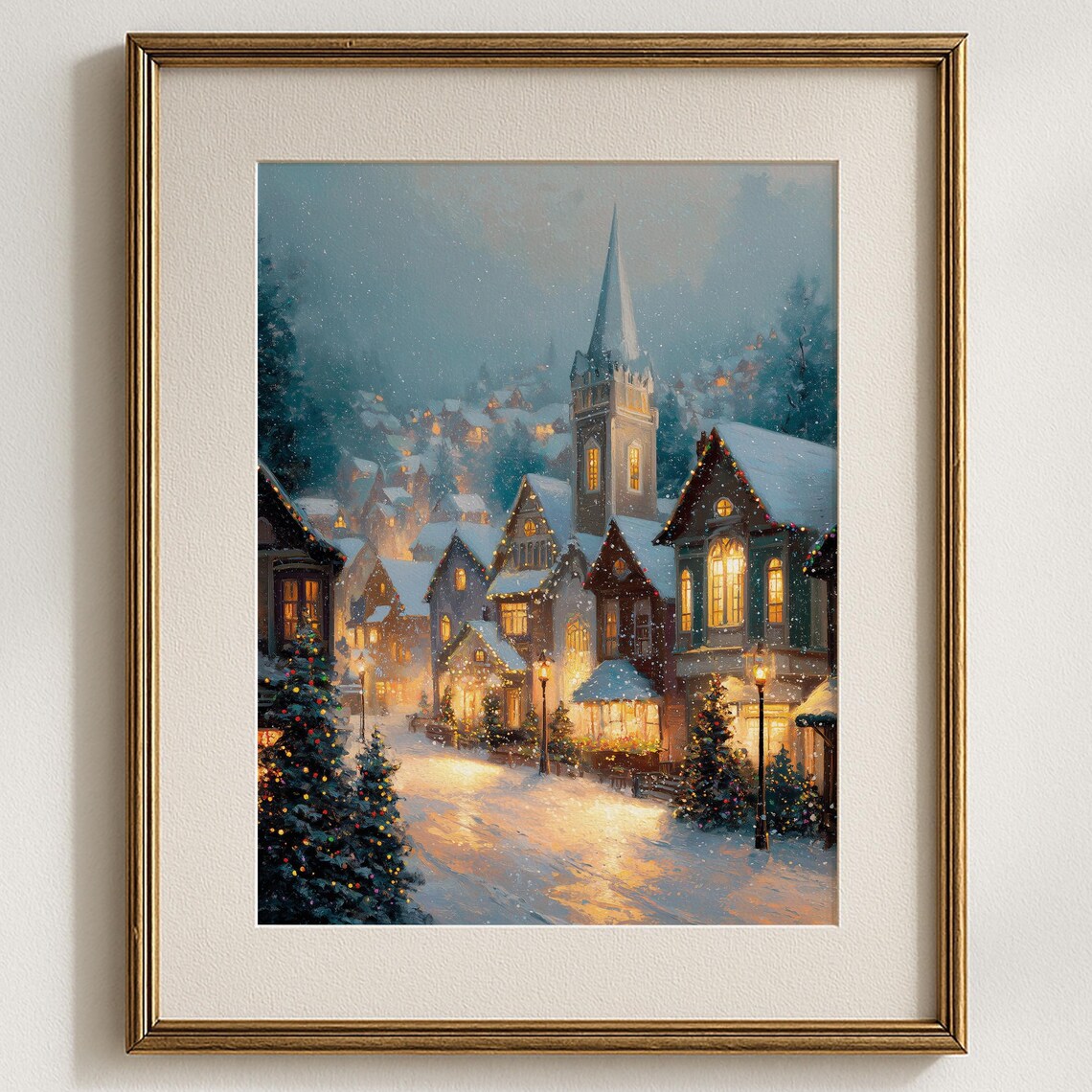 Snowy Christmas Village Street Glowing Church Cozy Winter Scene Print