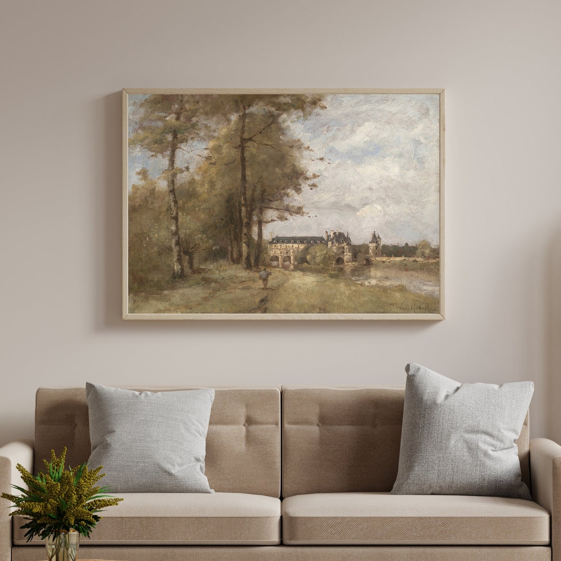 Vintage Oil Painting French Chateau Arched Bridge River Art Poster - Image 3