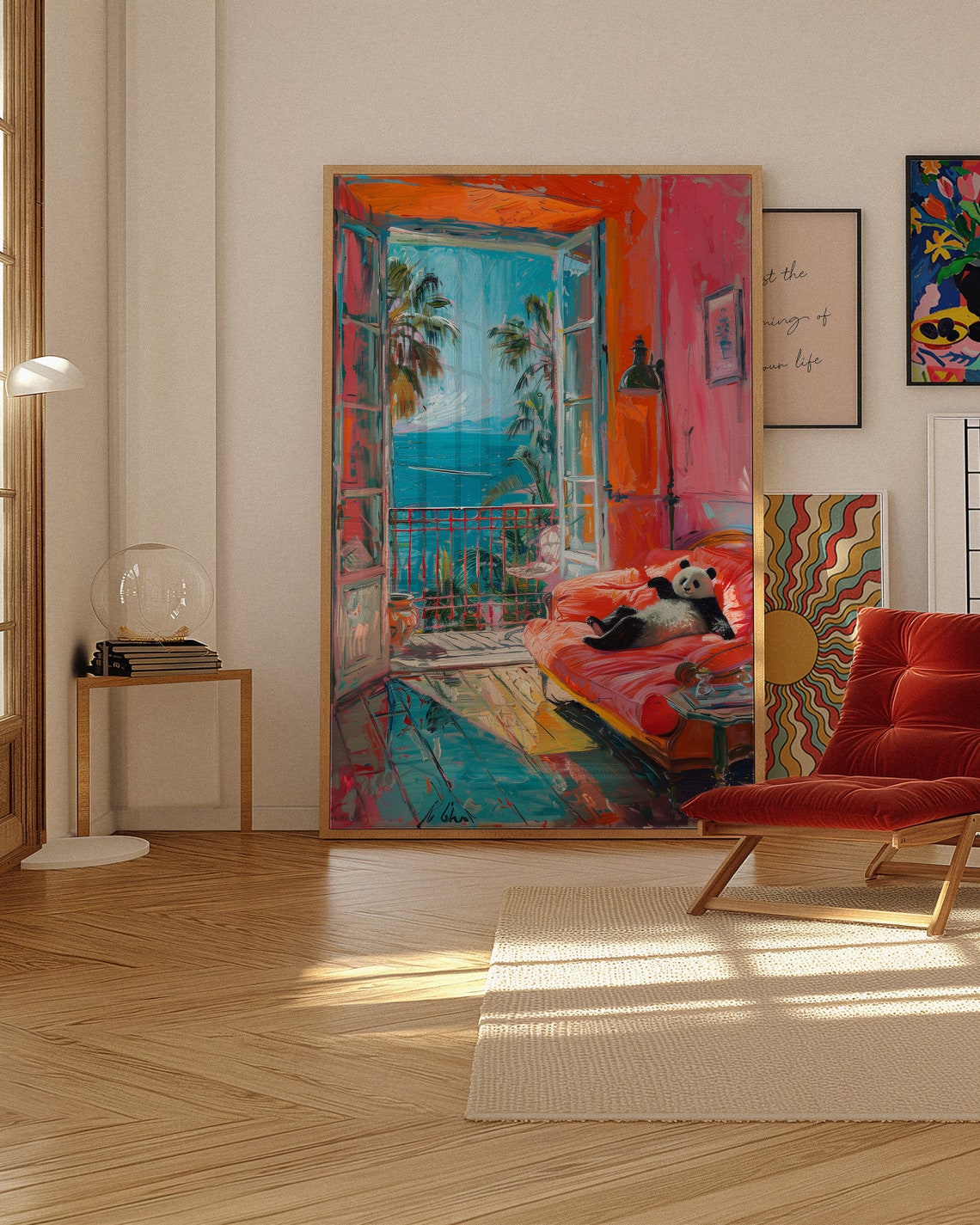 Adorable Lazy Panda Lounging on a Red Sofa by the Sea Art Poster - Image 7