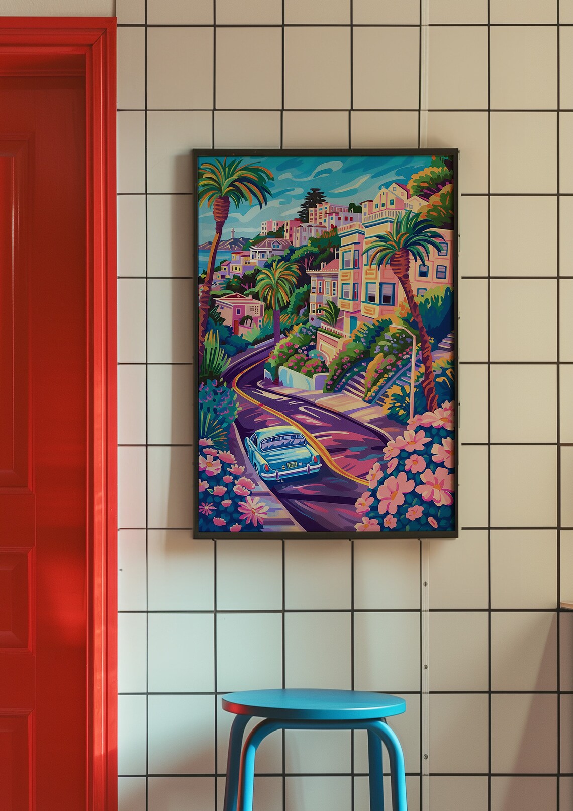 San Francisco Winding Hill Road Classic Teal Car Floral Travel Poster - Image 8