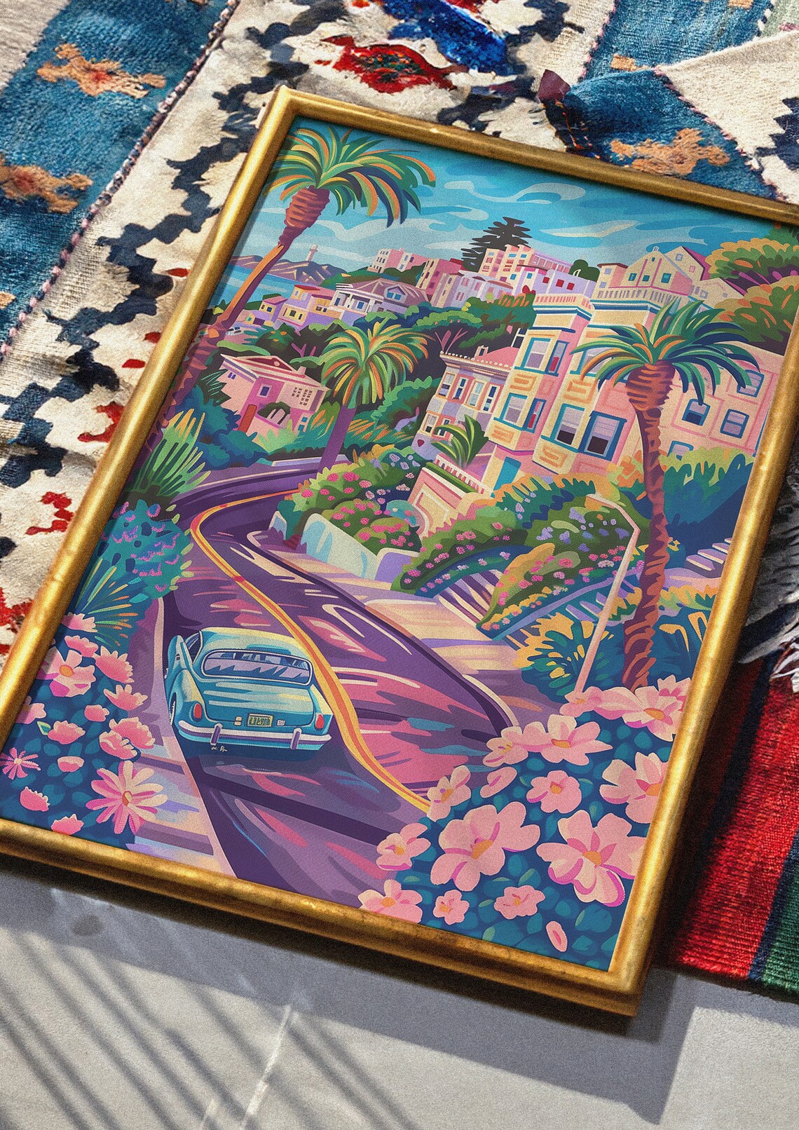 San Francisco Winding Hill Road Classic Teal Car Floral Travel Poster - Image 4