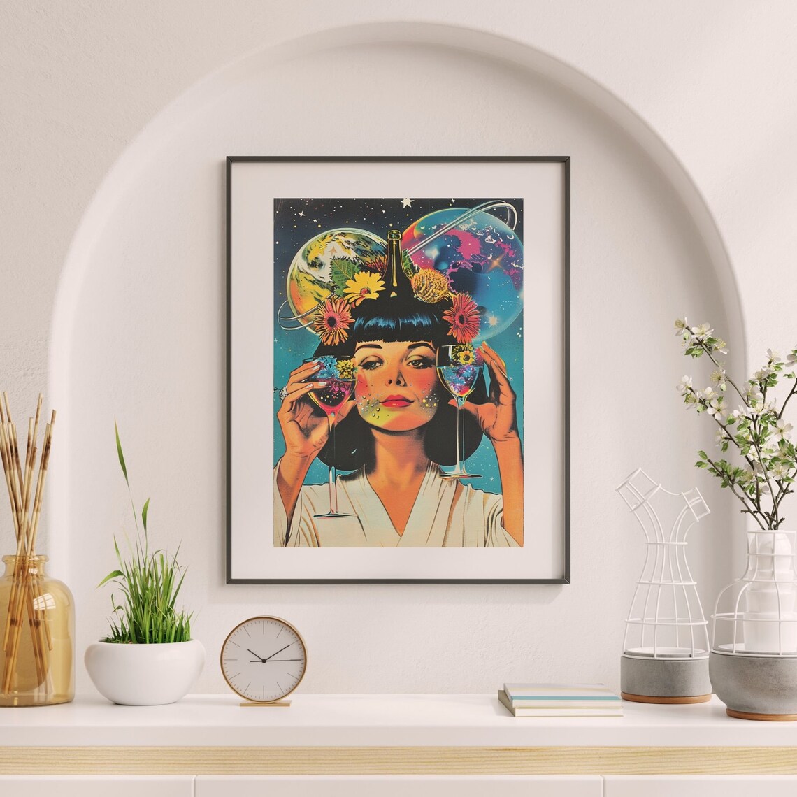 Retro Wine Woman Poster With Two Glasses Flowers And Planets - Image 8