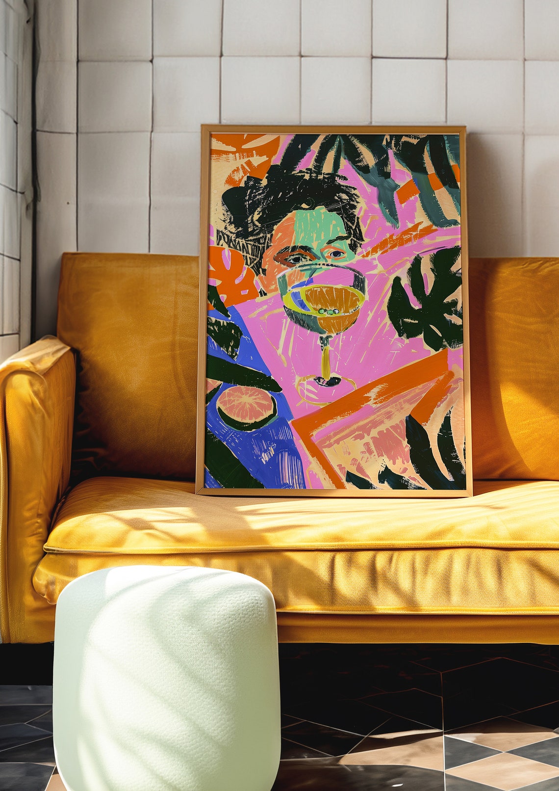 Woman Drinking Orange Cocktail Tropical Leaves Abstract Art Print - Image 4