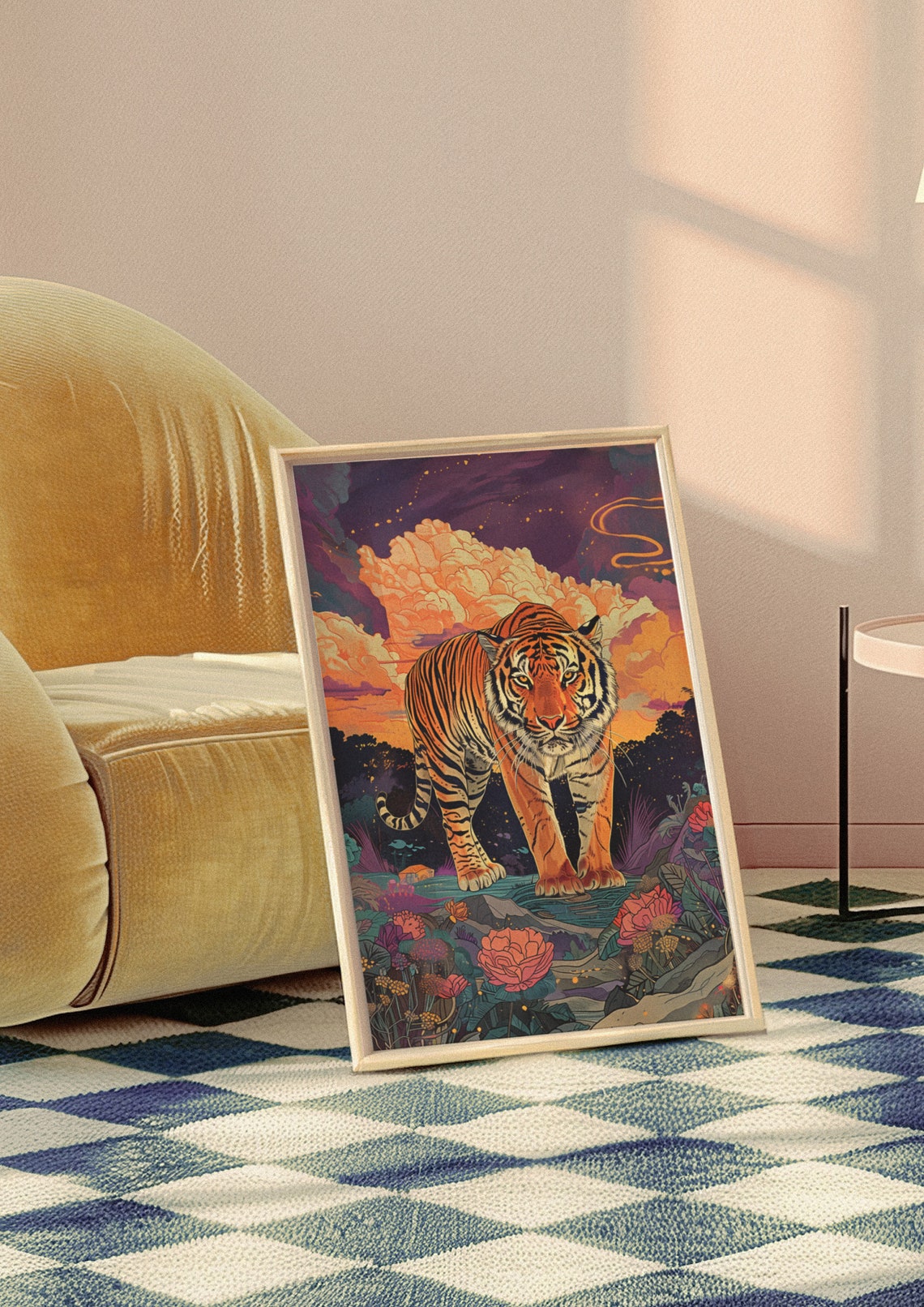Tiger Walking Through a Vibrant Night Jungle with Flowers Poster - Image 5