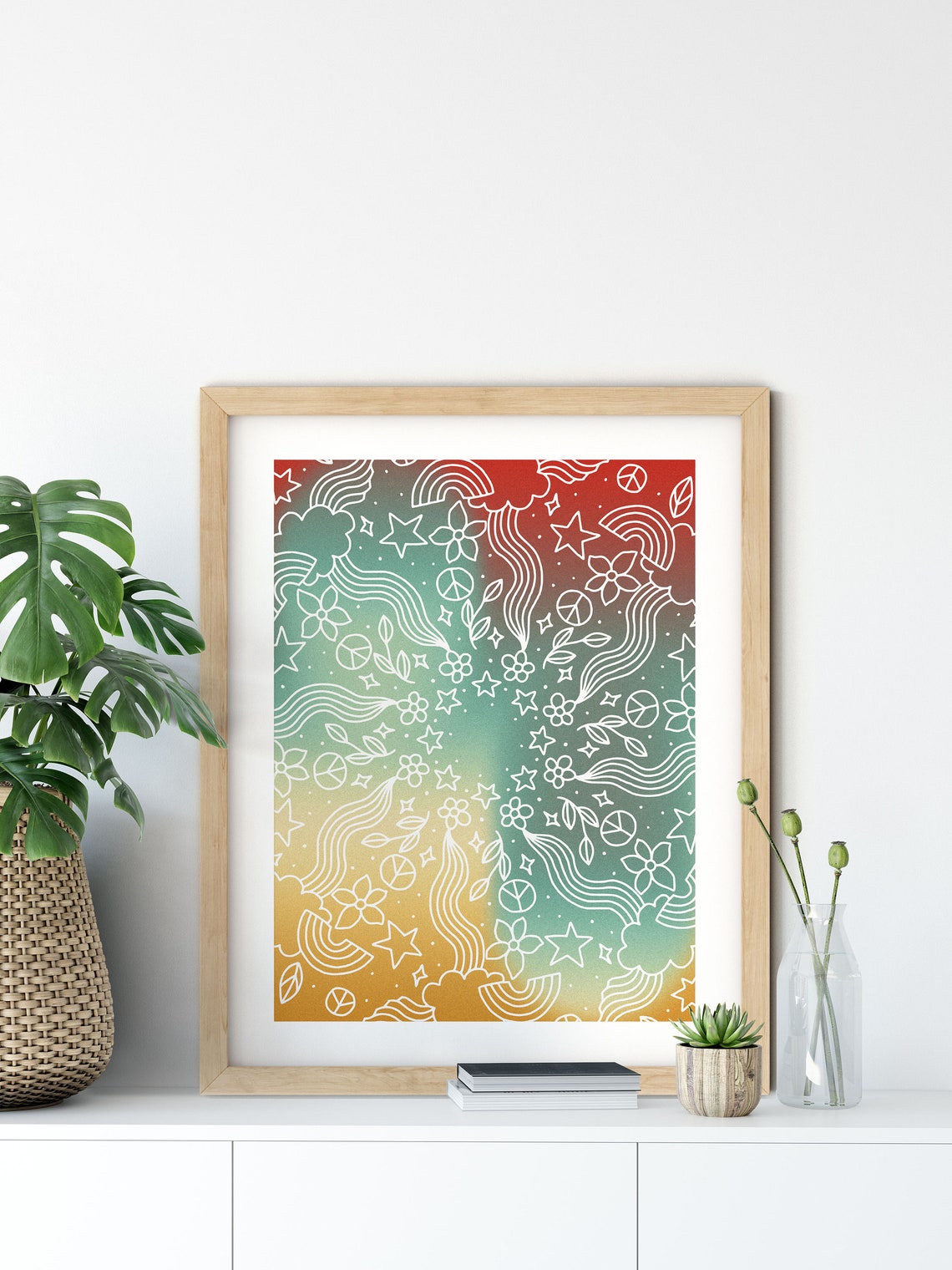 White Doodle Line Art Stars Peace Signs Gradient Rainbow Art Poster - Image 2