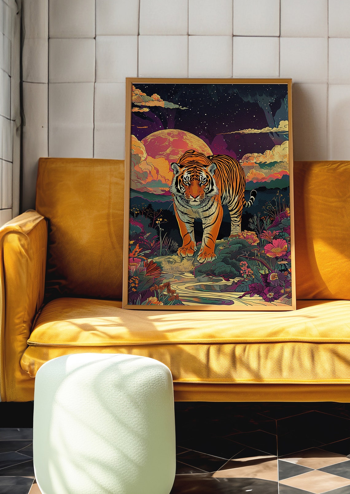 Majestic Tiger Beneath a Giant Red Sun in Starry Night Sky Poster - Image 6