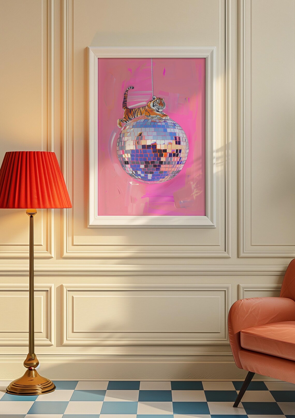 Tiger Lounging on Top of Giant Disco Ball Pink Maximalist Animal Poster - Image 8